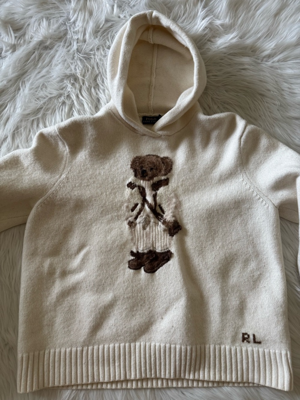 Polo Ralph Lauren Shearling Bear Hoodie Sweater Cream XXL - Picture 3 of 8